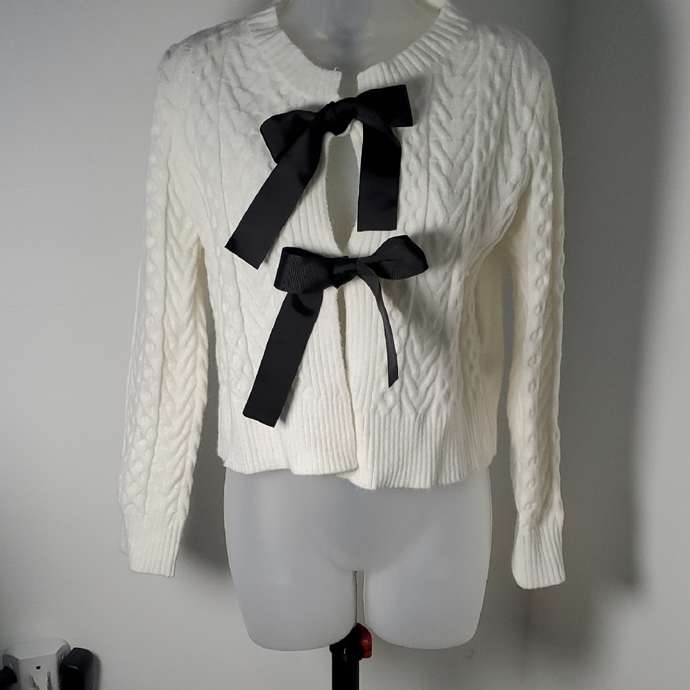 SHEIN Cream Cardigan with Black Ribbon Accents